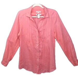 100% Linen Embroidered Pleated Button Up Malvin Size L Coastal Vacation Summer